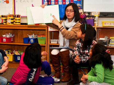 A teacher points to Chinese characters on a large notepad while students sit and watch in a Mandarin dual language classroom.